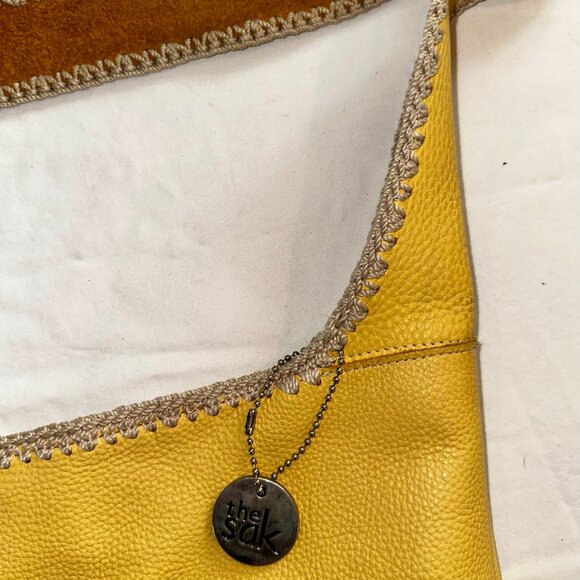 The Sak Yellow Leather Crochet Hobo Shoulder Bag Boho Knit Tote-I012 - Picture 5 of 5